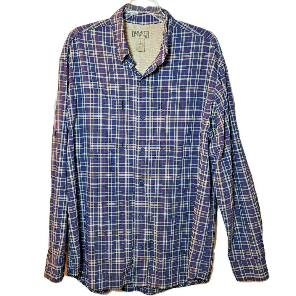 Duluth Trading Shirt M BLUE Plaid Nylon Snap Button Outdoor Utility